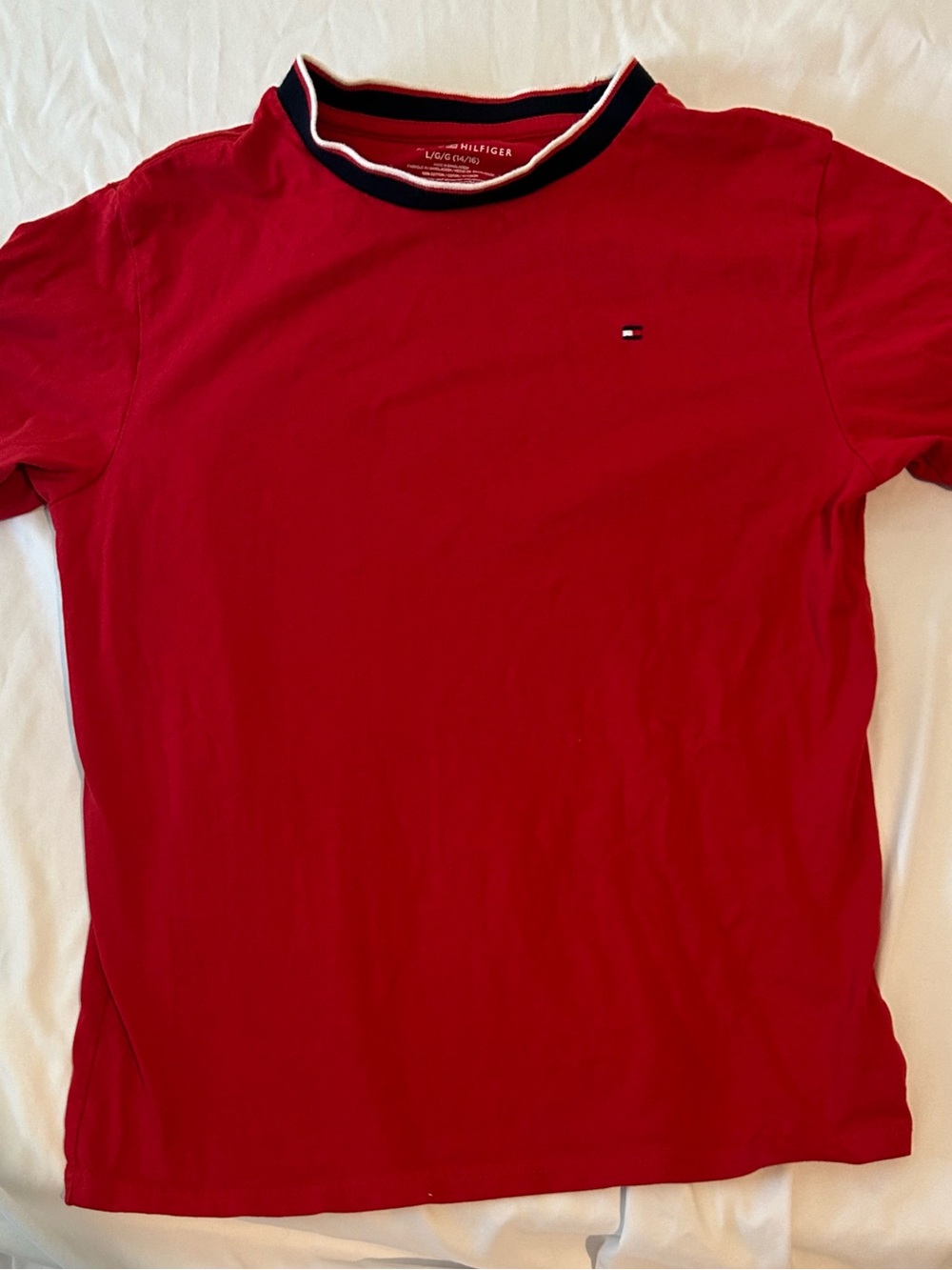 Tommy Hilfiger Red Short-Sleeve Crew T-Shirt with Navy-Trim Collar